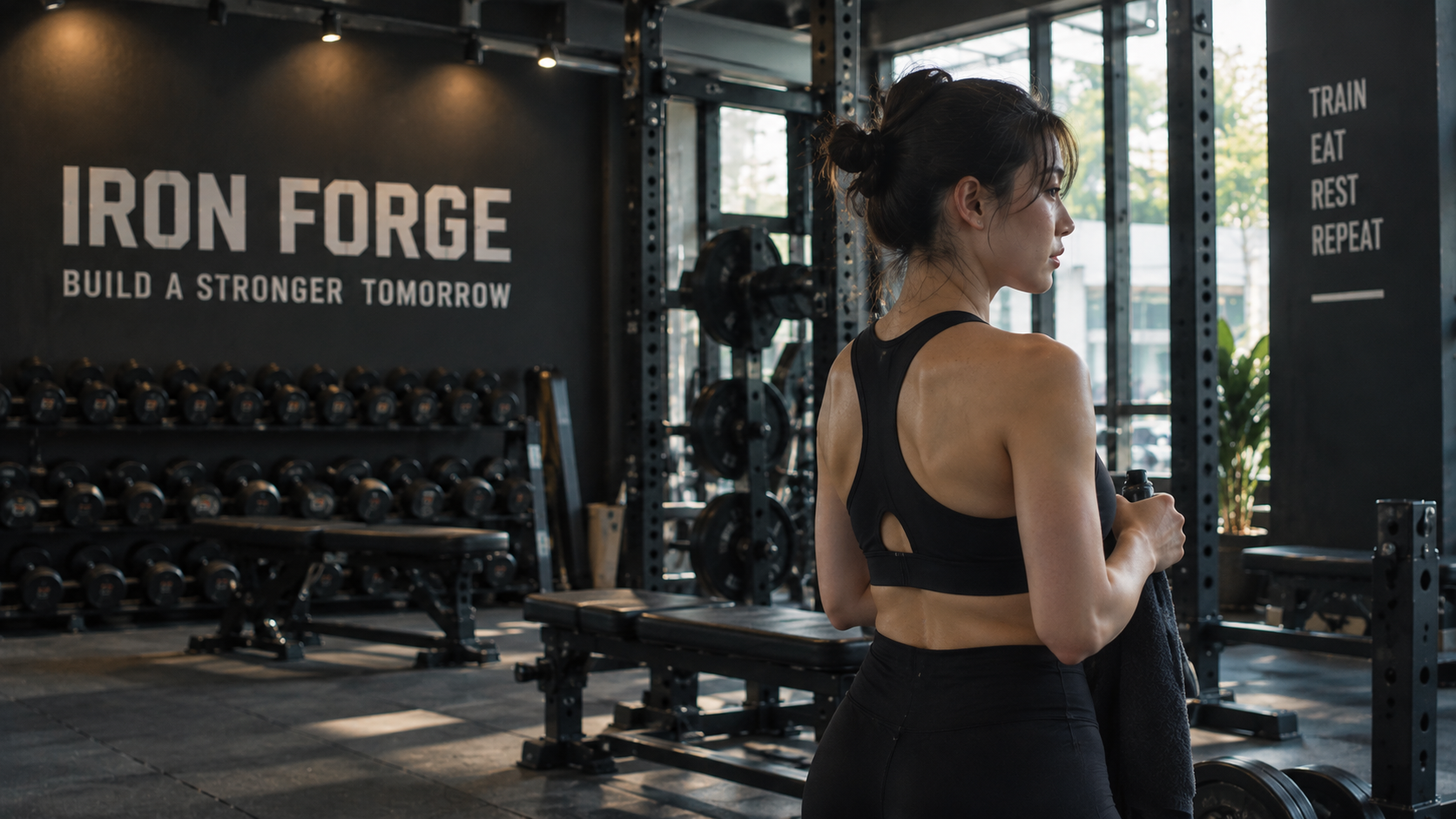 自然光が入るIRON FORGEのジムで、トレーニングに取り組む女性