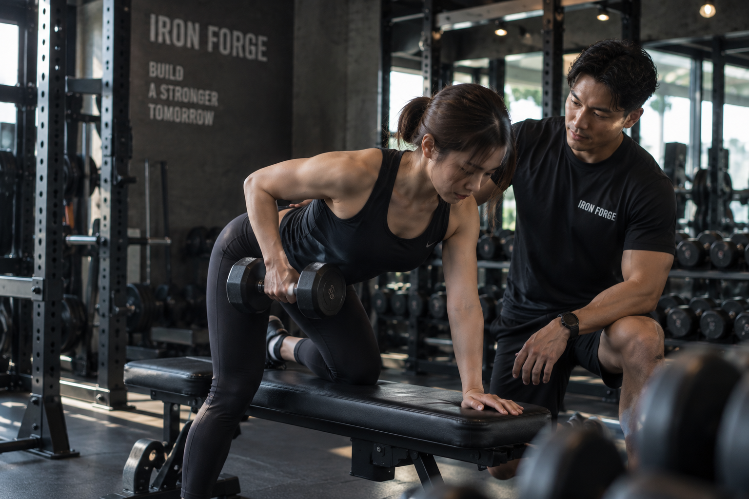 トレーナーがそばでフォームを確認するダンベルトレーニング